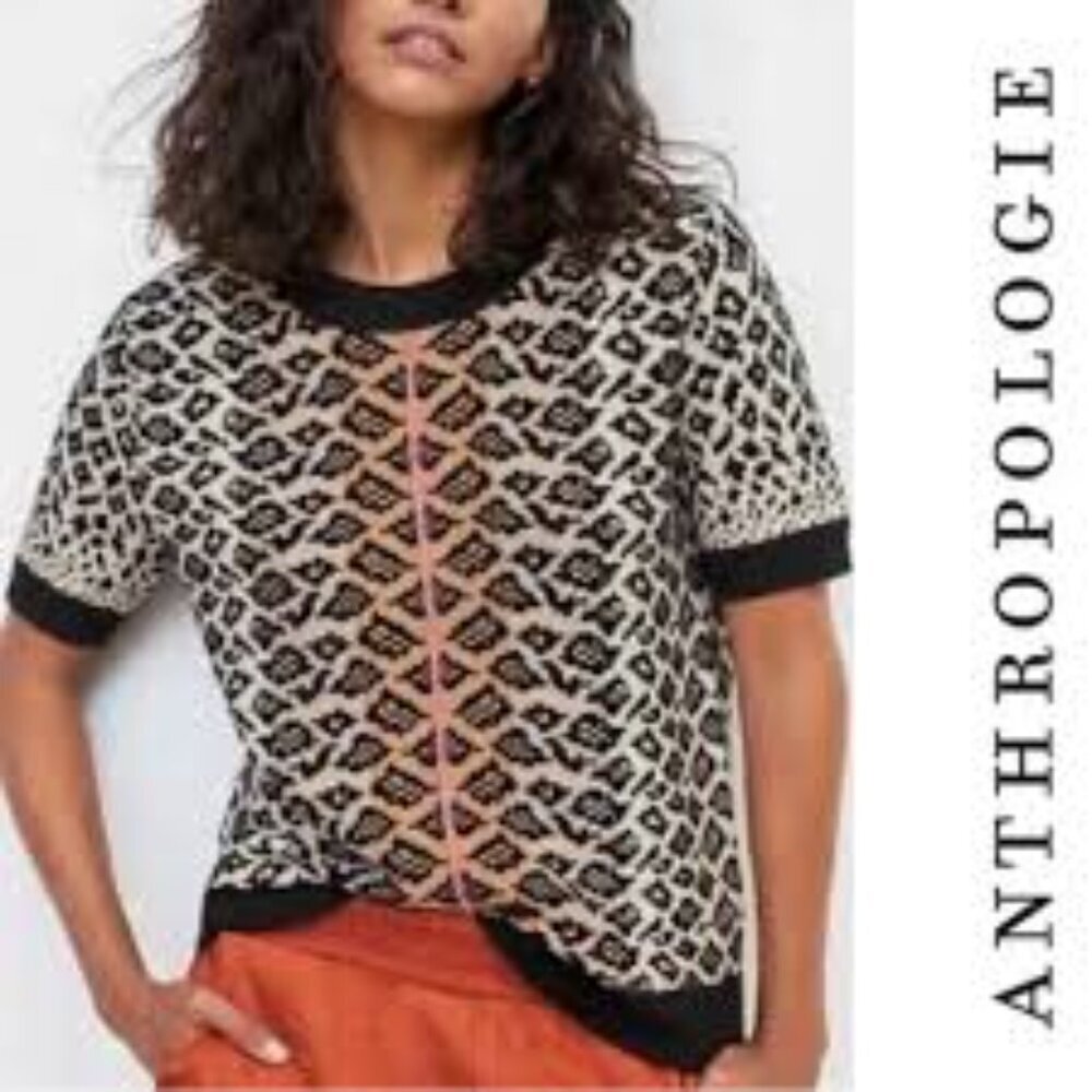 ✅ Maeve by Anthropologie‎ Tan/Black Animal Print Short Sleeve Sweater X-Small P